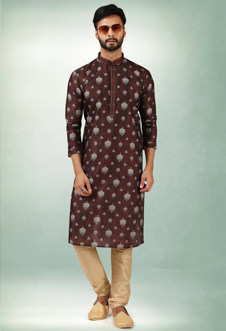 Brown art silk straight kurta for men