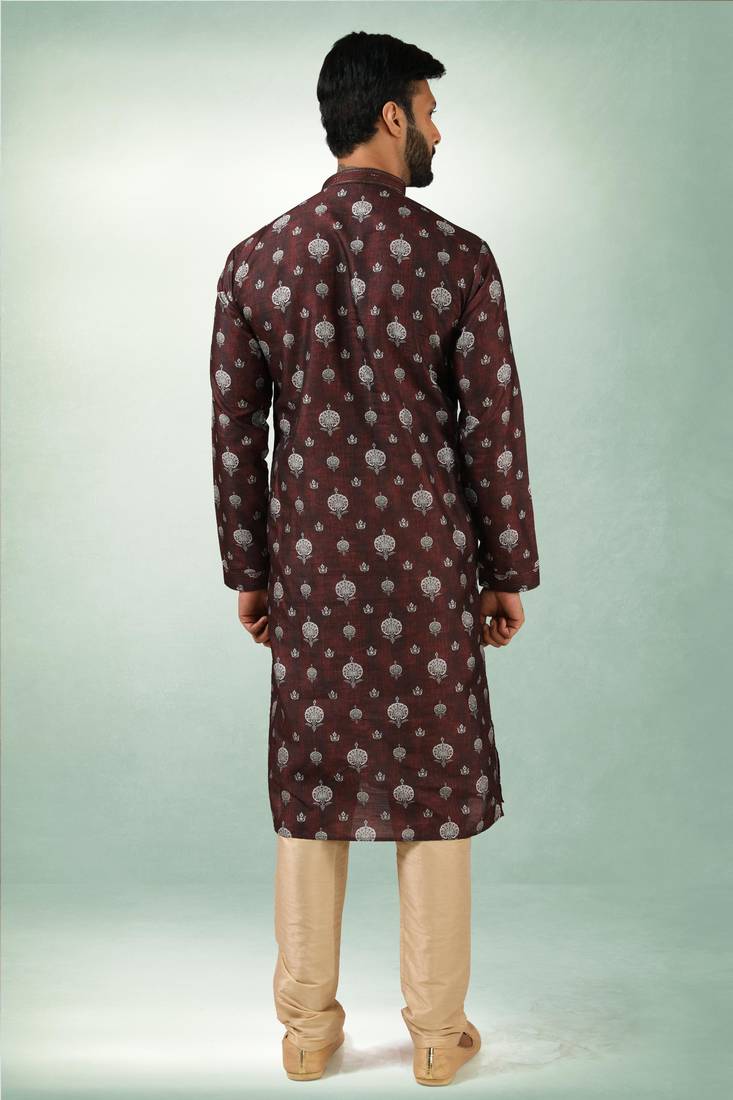 Brown art silk straight kurta for men