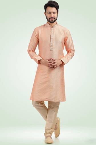 Peach jacquard straight kurta for men