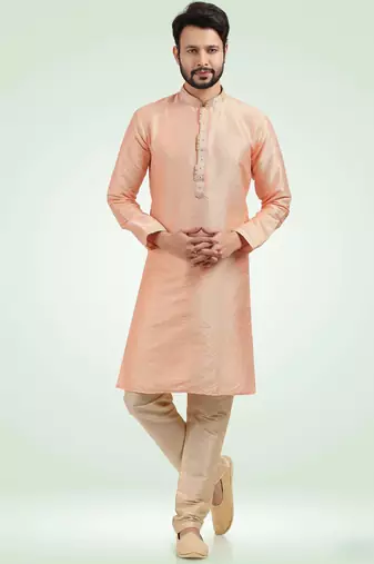 Peach jacquard straight kurta for men