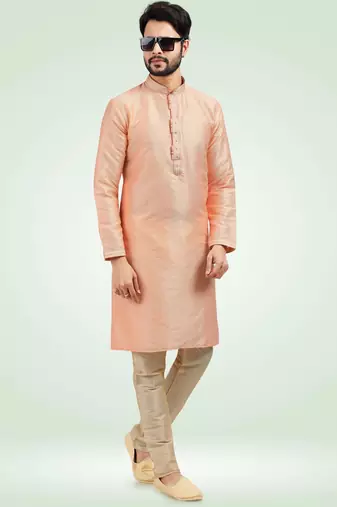 Peach jacquard straight kurta for men