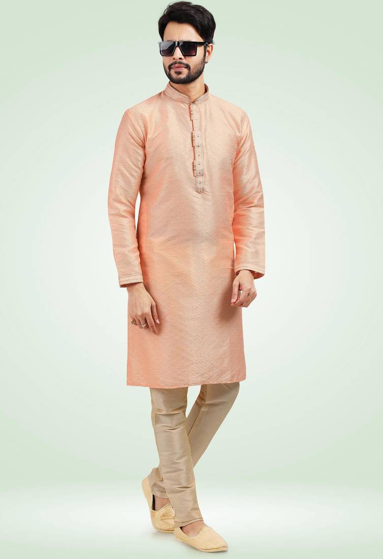 Peach jacquard straight kurta for men