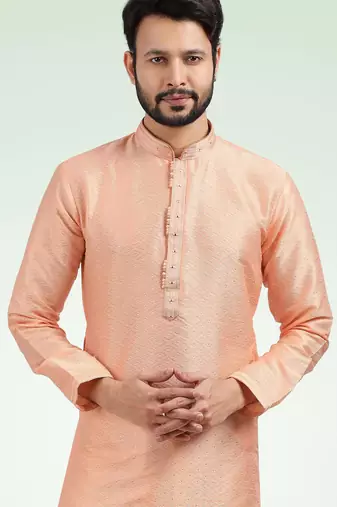 Peach jacquard straight kurta for men