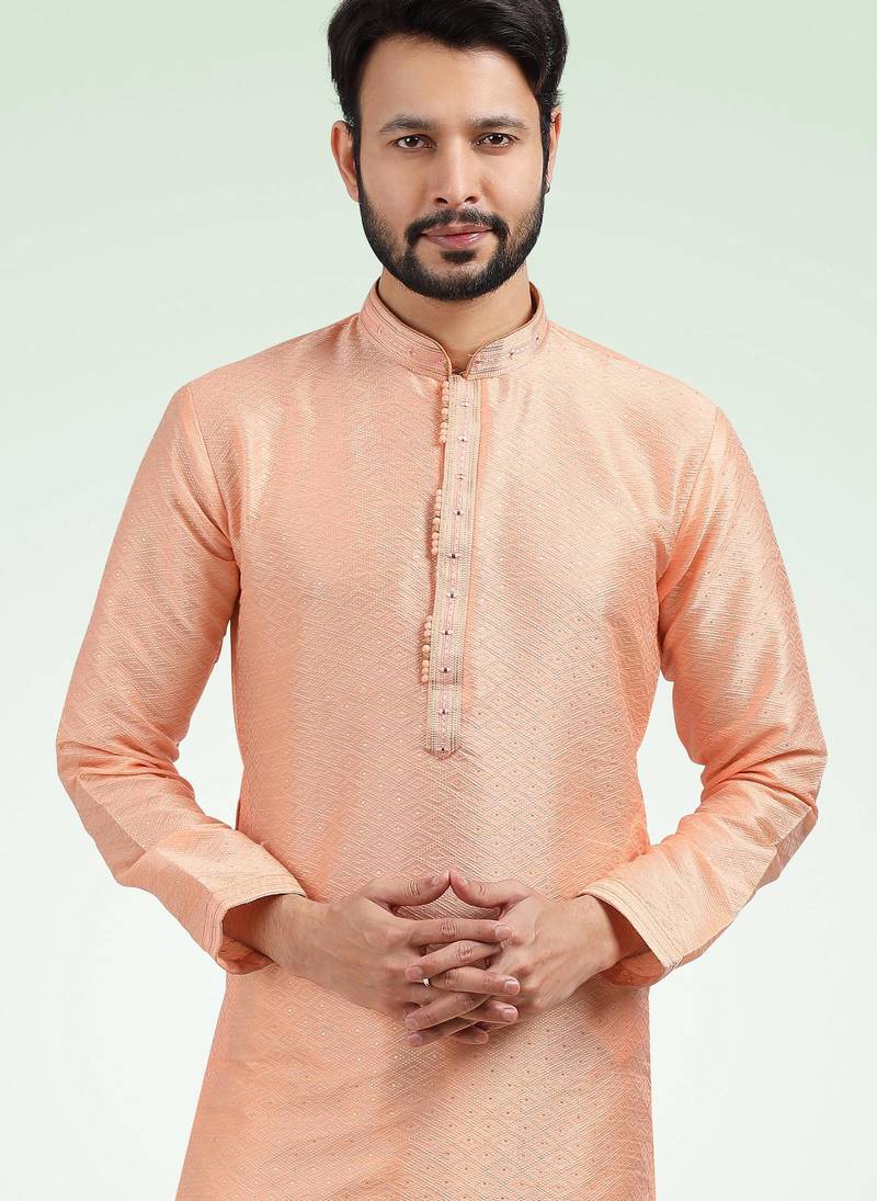 Peach jacquard straight kurta for men