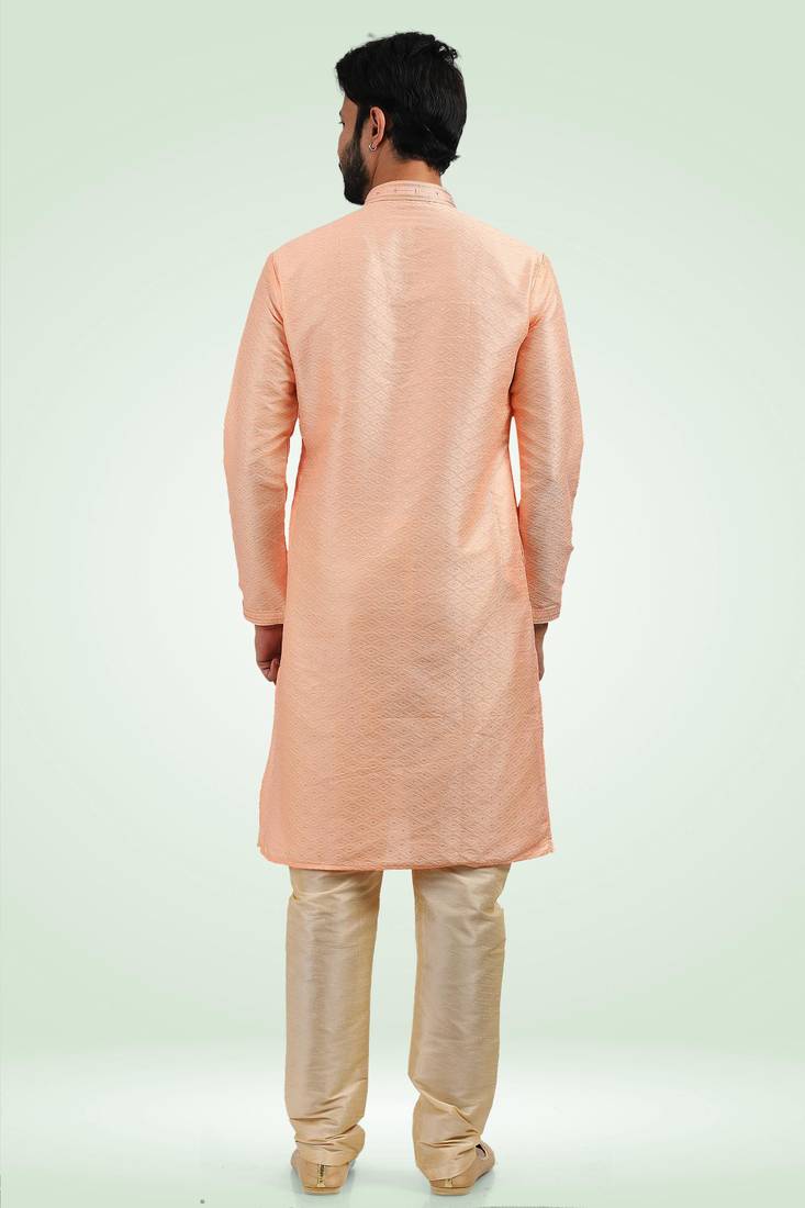 Peach jacquard straight kurta for men