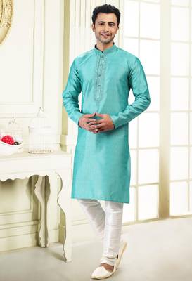 Green jacquard straight kurta for men 1