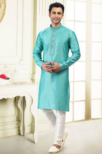 Green jacquard straight kurta for men