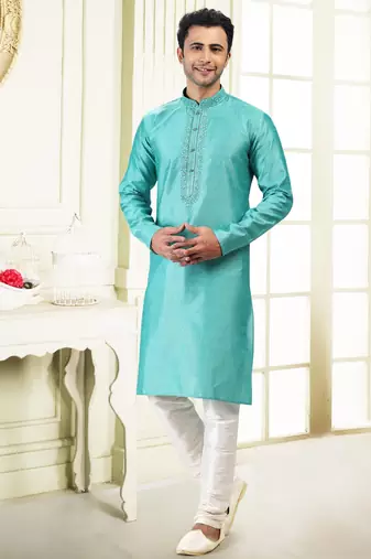 Green jacquard straight kurta for men
