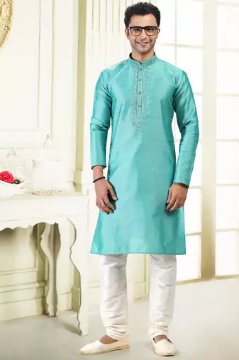 Green jacquard straight kurta for men