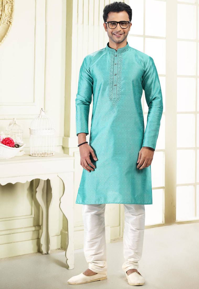 Green jacquard straight kurta for men