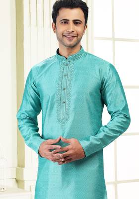 Green jacquard straight kurta for men 3