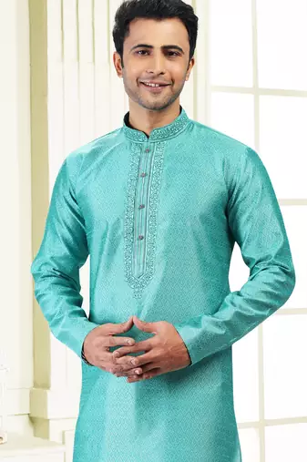 Green jacquard straight kurta for men