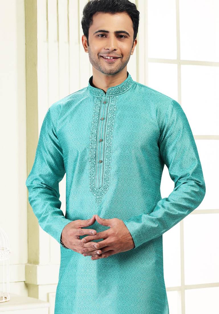 Green jacquard straight kurta for men