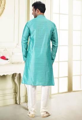 Green jacquard straight kurta for men 4