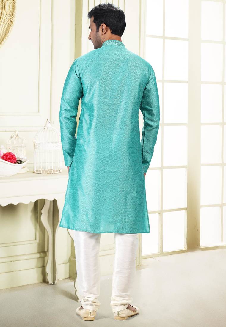 Green jacquard straight kurta for men