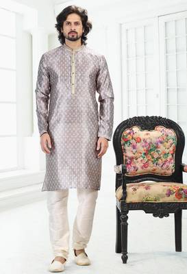 Grey art silk straight kurta for men 1