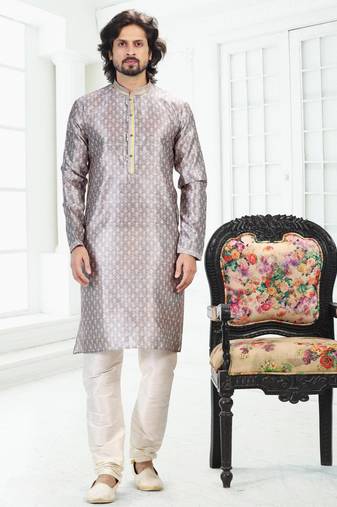 Grey art silk straight kurta for men