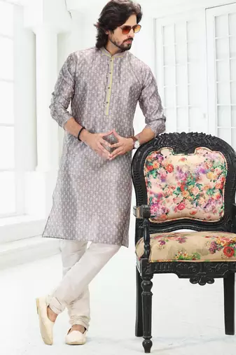 Grey art silk straight kurta for men