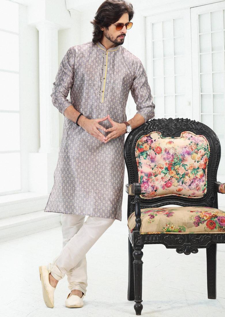 Grey art silk straight kurta for men