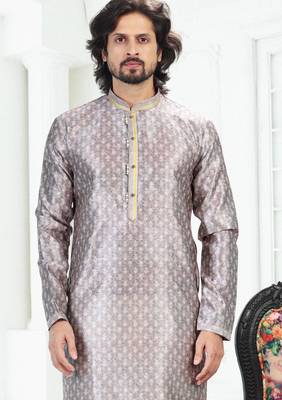 Grey art silk straight kurta for men 3