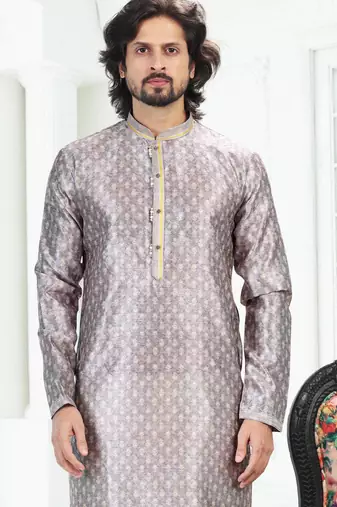 Grey art silk straight kurta for men