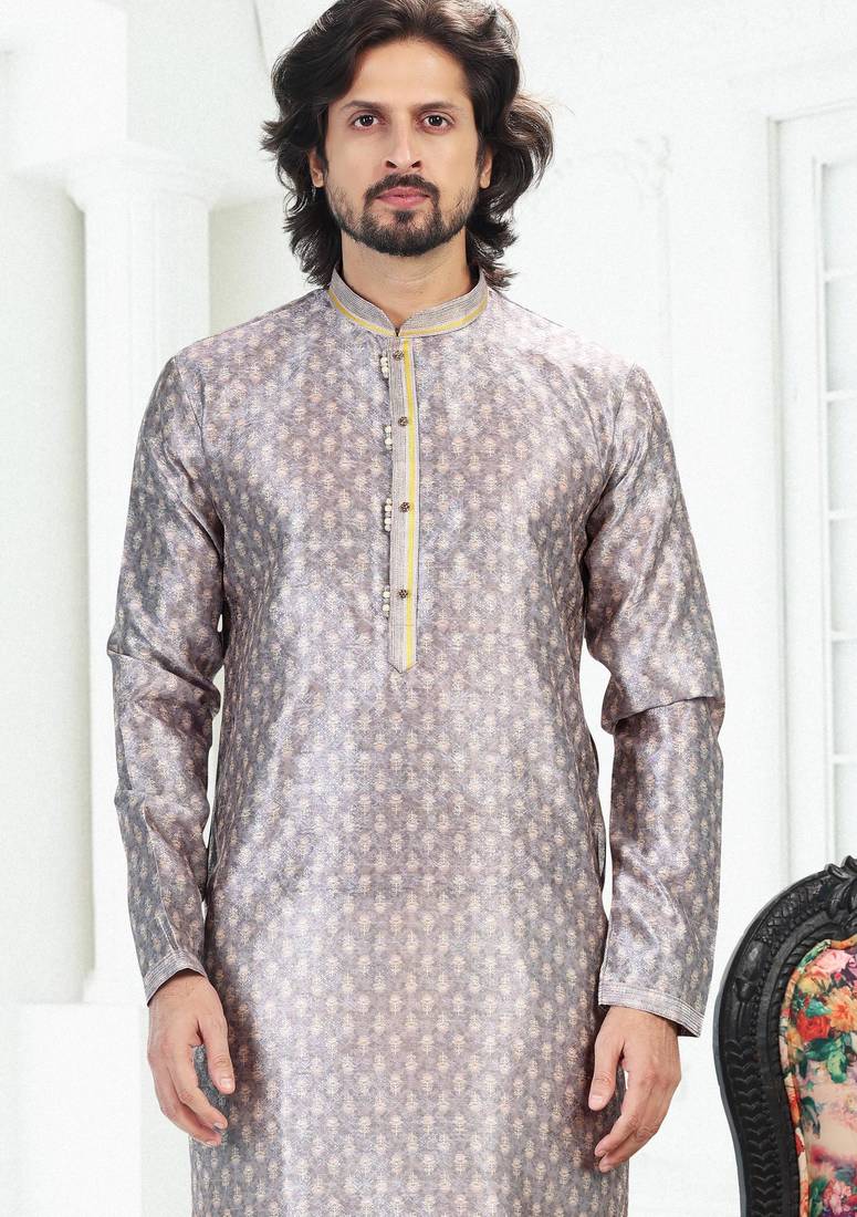 Grey art silk straight kurta for men