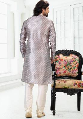 Grey art silk straight kurta for men 4