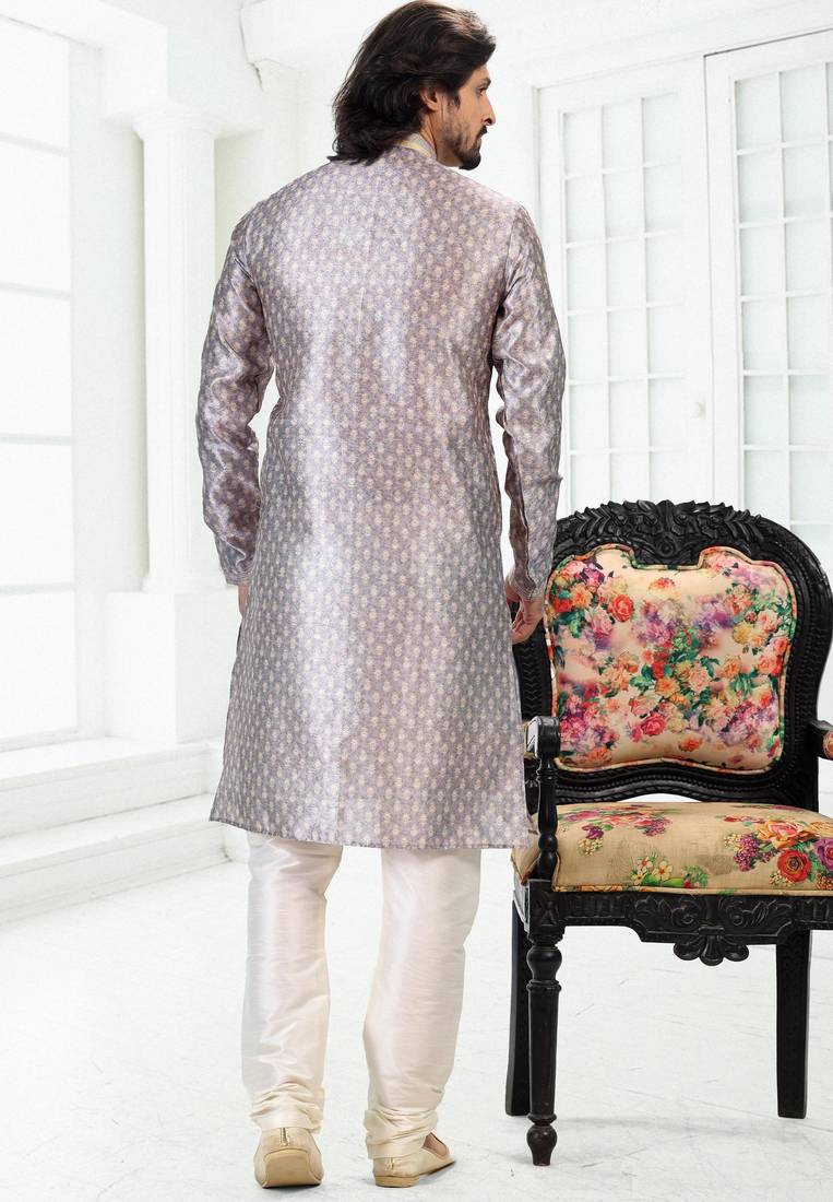 Grey art silk straight kurta for men
