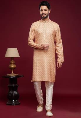 Peach art silk straight kurta for men 1