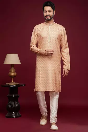 Peach art silk straight kurta for men