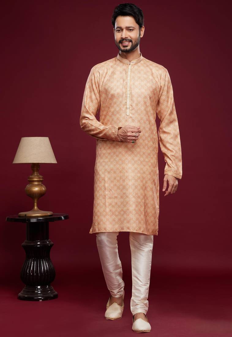 Peach art silk straight kurta for men