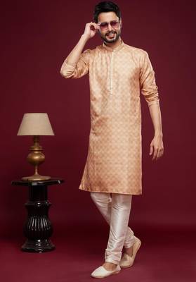 Peach art silk straight kurta for men 2