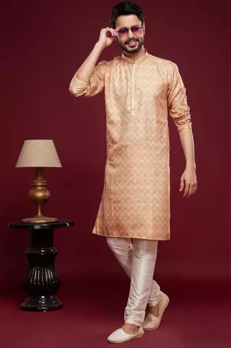 Peach art silk straight kurta for men