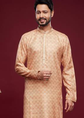 Peach art silk straight kurta for men 3