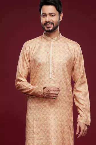 Peach art silk straight kurta for men