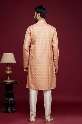 Peach art silk straight kurta for men 4