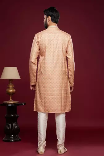 Peach art silk straight kurta for men