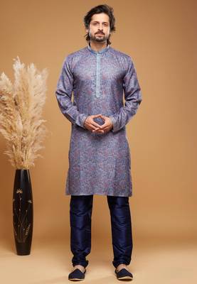 Blue art silk straight kurta for men 1