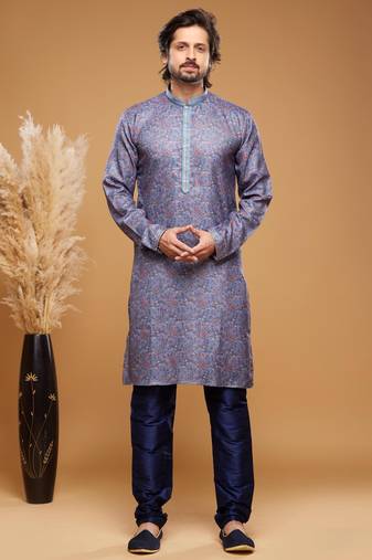 Blue art silk straight kurta for men