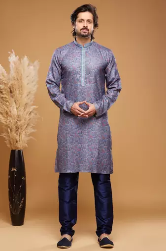 Blue art silk straight kurta for men