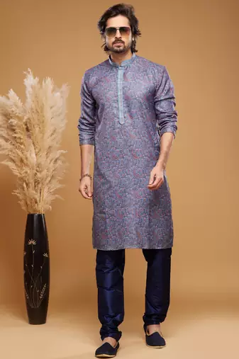 Blue art silk straight kurta for men