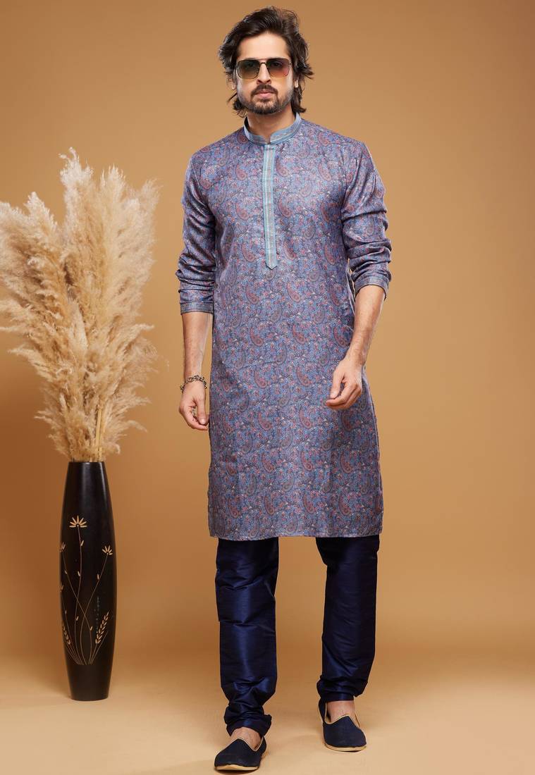 Blue art silk straight kurta for men