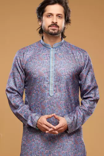 Blue art silk straight kurta for men