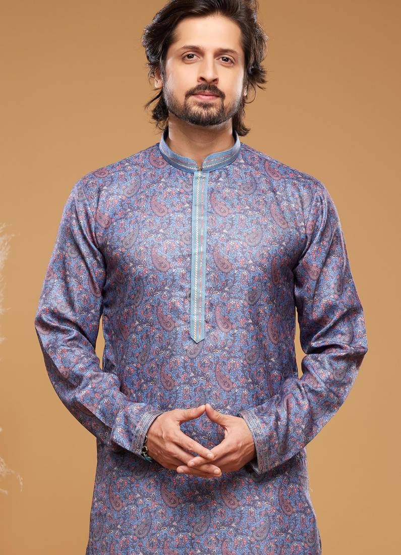 Blue art silk straight kurta for men
