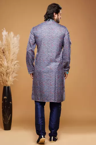 Blue art silk straight kurta for men