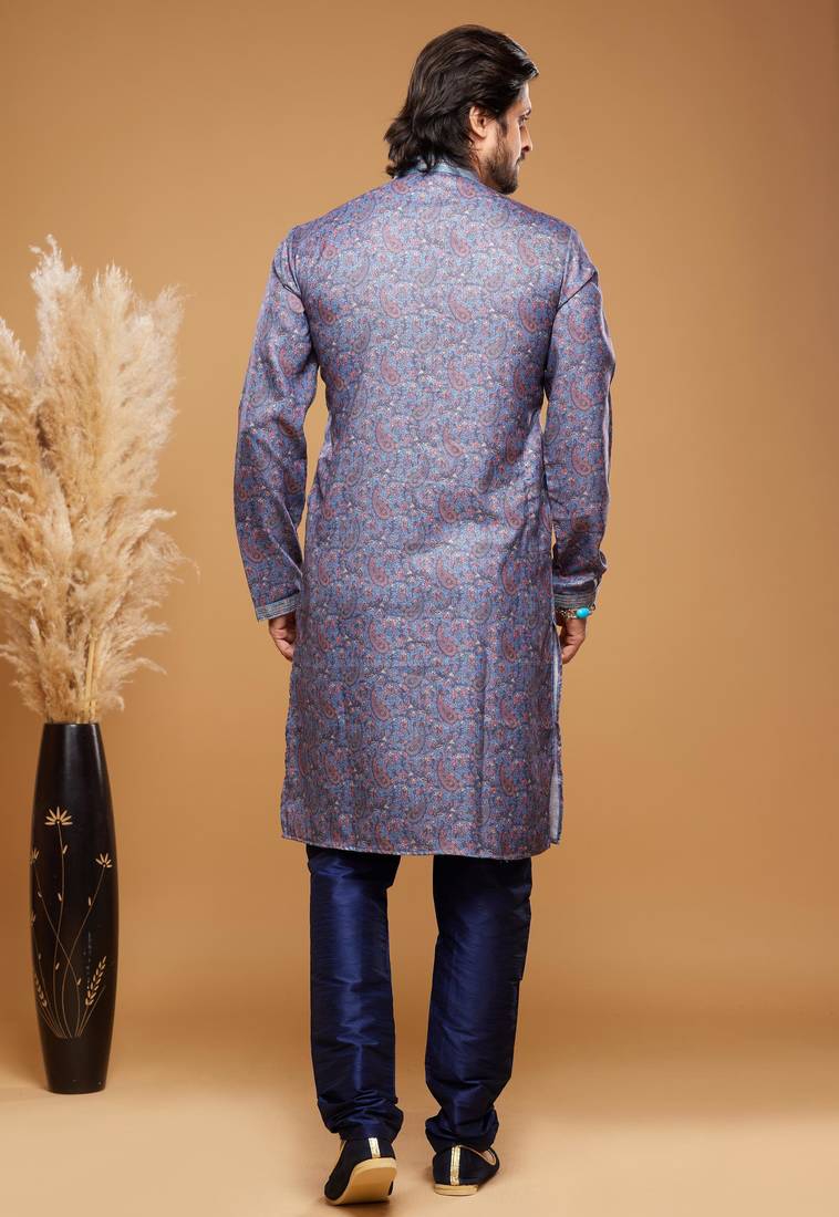 Blue art silk straight kurta for men