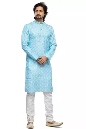 Blue cotton straight kurta for men