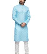 Blue cotton straight kurta for men