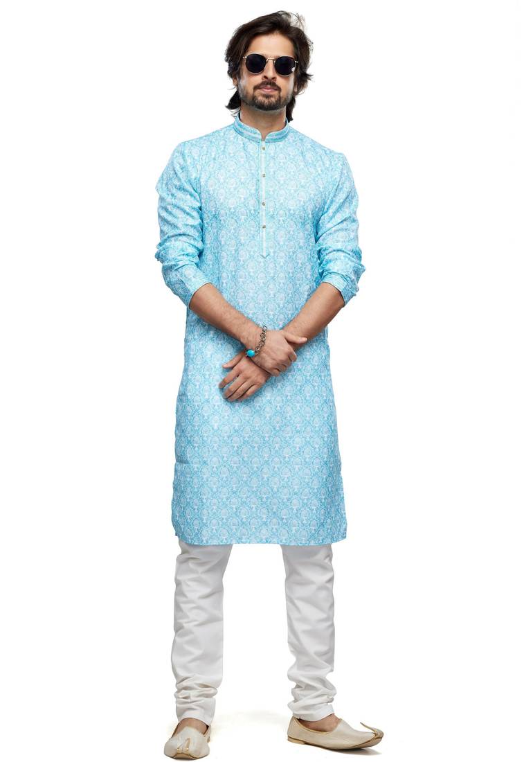 Blue cotton straight kurta for men