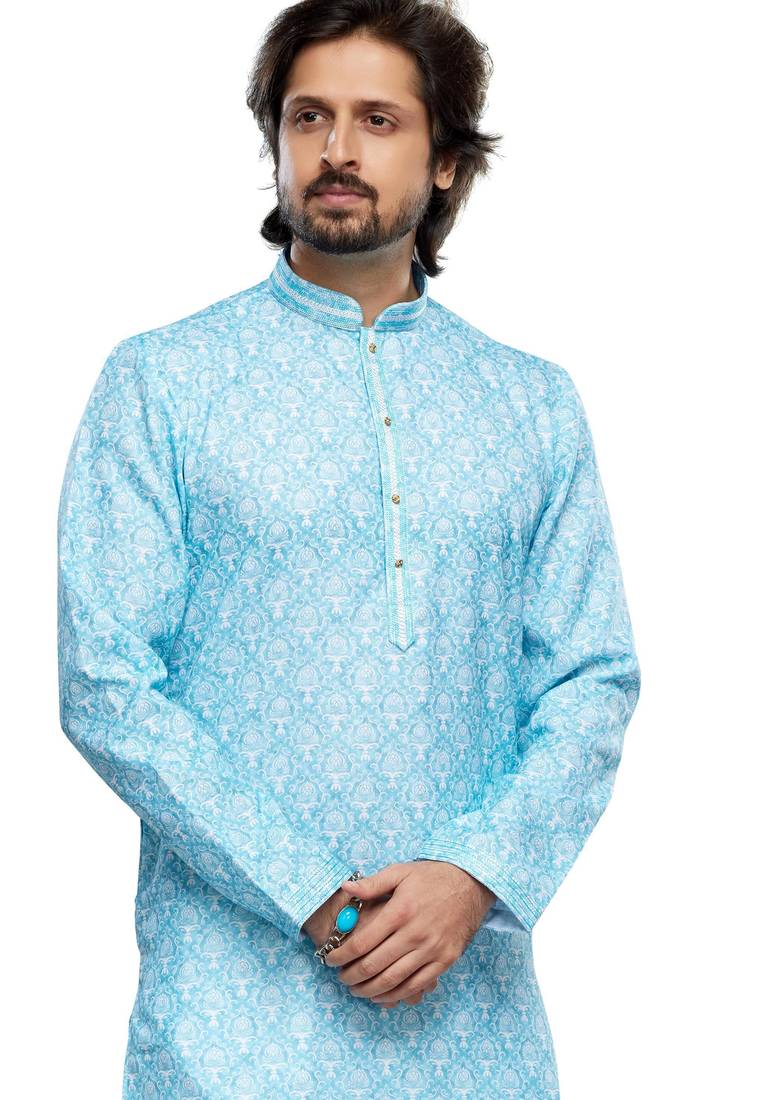 Blue cotton straight kurta for men
